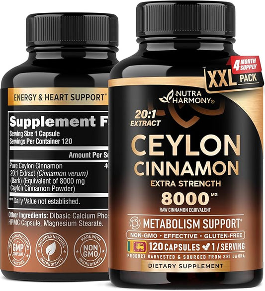 Ceylon Cinnamon Capsules - Extra Strength - Energy, Heart & Metabolism Support - for Men & Women - Pure Natural Extract 20:1 Supplement - Made in USA - GMO & Gluten Free, 120 Capsules, 4 Month Supply
