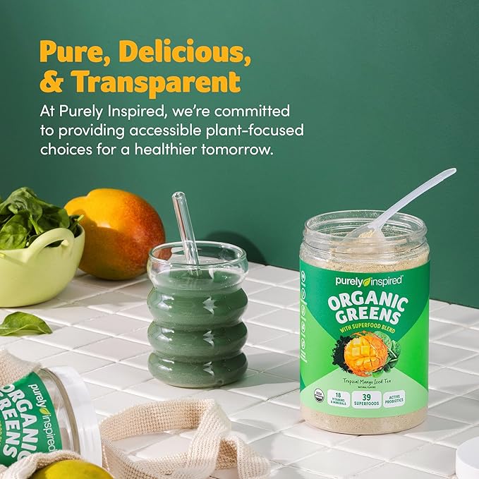 Purely Inspired Organic Green Powder Smoothie Mix, Tropical Mango Iced Tea Flavor (30 Servings) - Probiotics for Digestive Health with Spirulina & Chlorella for Gut Health - Vegan & Gluten-Free