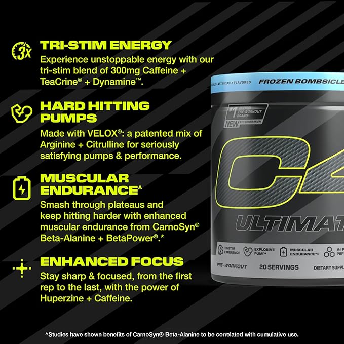 Cellucor C4 Ultimate Pre Workout Powder - Sugar Free Preworkout Energy Supplement for Men & Women - 300mg Caffeine + TeaCrine + Dynamine + Creatine - Freedom Bombsicle, 20 Servings