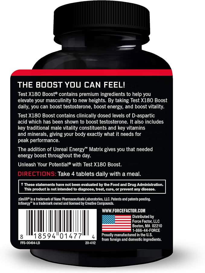 Force Factor Test X180 Boost, 2-Pack, Testosterone Booster and Energy Supplement for Men, Boost Energy, Increase Stamina, and Enhance Vitality, with D-Aspartic Acid and Fenugreek, 240 Tablets