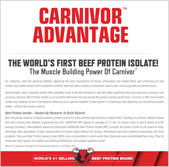 MuscleMeds Carnivor Beef Protein Isolate, 0 Lactose, 0 Sugar, 0 Fat, 0 Cholesterol, Halal Certified, Vanilla Caramel, 8 Lb, 100 Servings
