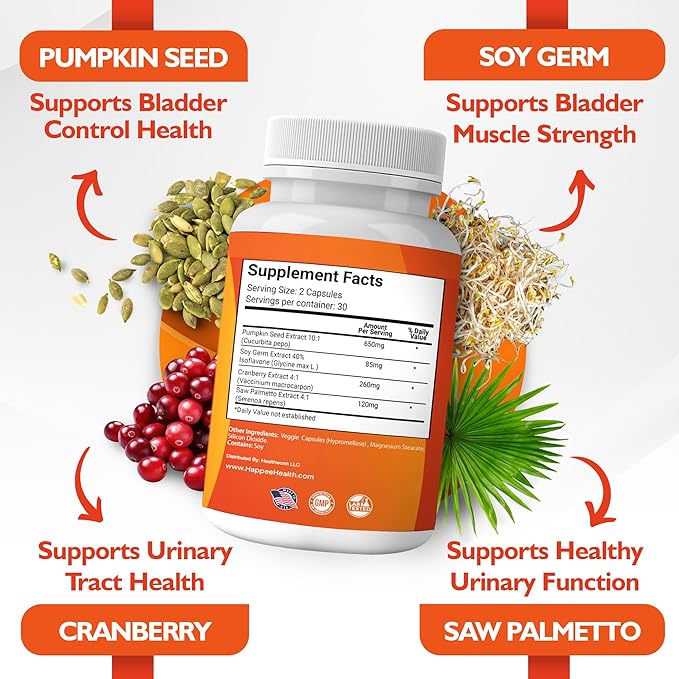 Bladder Control Supplement for Women & Men with Pumpkin Seed Extract, Soy Germ Extract, Saw Palmetto & Cranberry 4-in-1 Active Bladder Support for Urinary Frequency, Leaks & Urgency - 60 Capsules