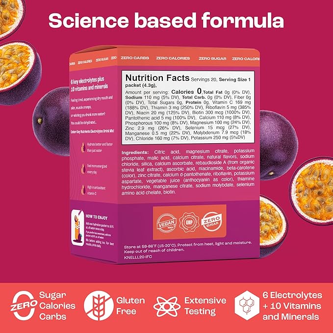 KEY NUTRIENTS Multivitamin Electrolytes Powder Packets - Delicious Passion Fruit 20 Pack Hydration Packets - Travel Hydration Powder - No Sugar, No Calories, Gluten Free - Made in USA
