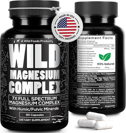 Wild Foods Magnesium Complex Supplement - 7X Forms, 90 Capsules - High Absorption Magnesium Glycinate, Bisglycinate, Malate, Orotate, Citrate - Full Spectrum Magnesium Supplement - 500mg Magnesium