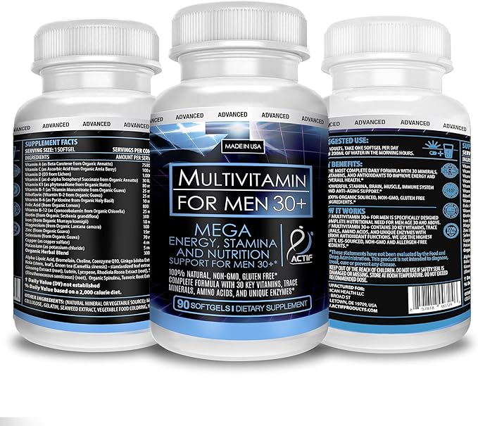 ACTIF Organic Multivitamin for Men Age 30+ with 30 Organic Vitamins and Organic Herbs, Non-GMO, Made in USA, 90 Count