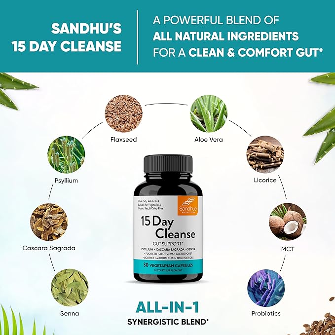 Sandhu's 15 Day Gut Cleanse Colon Detox for Women & Men| Supports Colon Cleansing & Digestive Health| Senna, Cascara Sagrada, Psyllium Husk & Probiotics| 30 Capsules Dietary Supplement,15 Days Supply