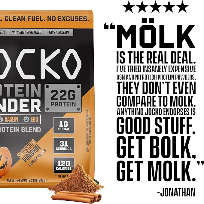 Jocko Mölk Whey Protein Powder 22g Sugar Free Monk Fruit Blend - Muscle Recovery & Growth, Packaging May Vary (31 Servings, Pumpkin)