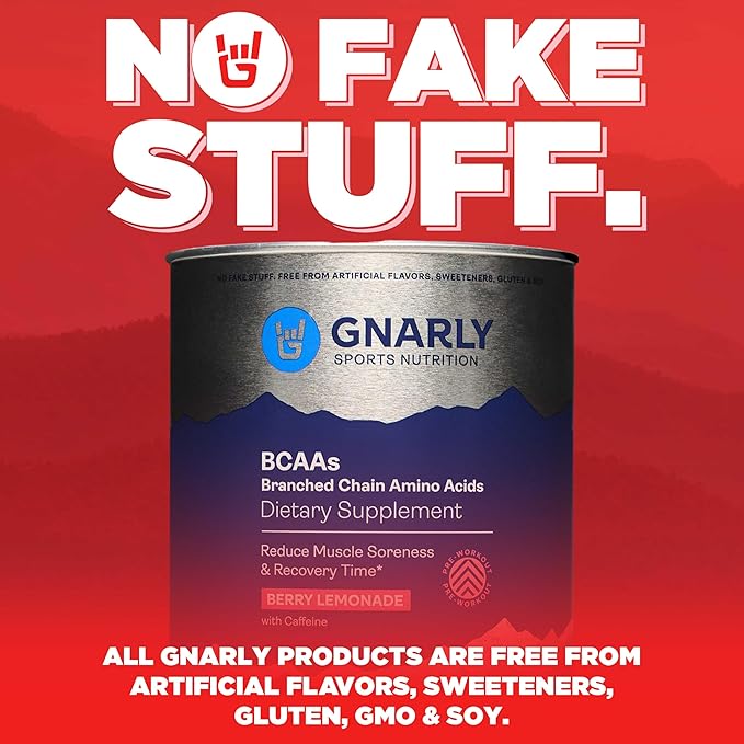 Gnarly Nutrition BCAA Powder - Pre-Workout BCAAS Amino Acids, NSF Sport Certified, Supplement to Support and Rebuild Muscle - Berry Lemonade, Caffeine (10.58oz)