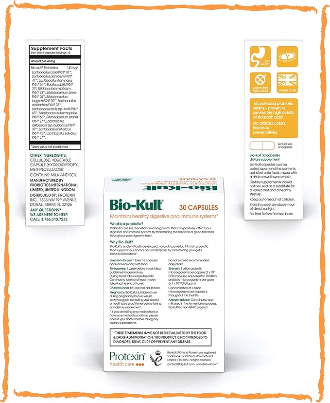 Bio-Kult Gut Health Probiotic Supplement, 14 Strains, Probiotics for Women & Men, Immune Support, Digestive Health, Shelf-Stable, Non-GMO and Gluten-Free, Capsules, 30 Count (Pack of 1)