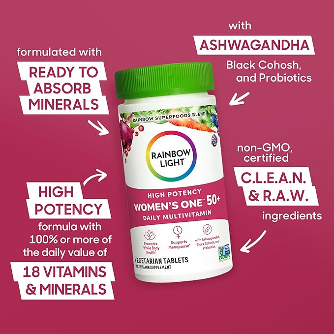 Rainbow Light Multivitamin for Women 50+, Vitamin C, D & Zinc, Probiotics, Women’s One 50+ Multivitamin Provides High Potency Immune Support, Non-GMO, Vegetarian, 60 Tablets