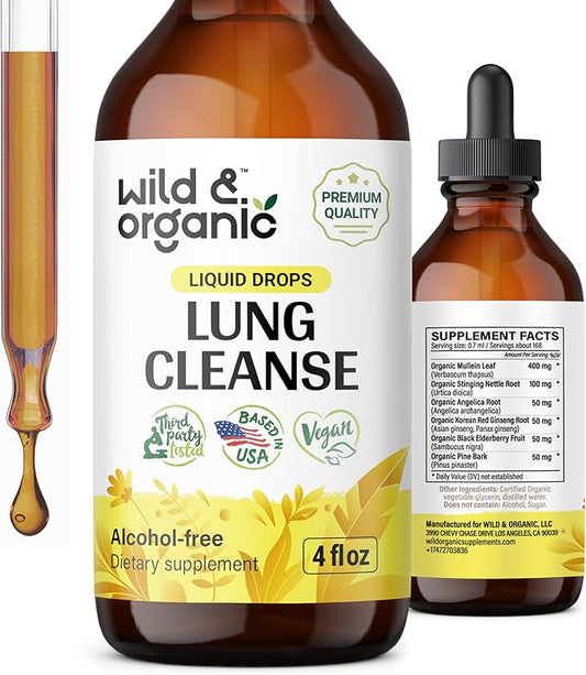 Wild & Organic Lung Cleanse Tincture - Mullein Drops for Lungs - Herbal Lung Detox and Cleanse - Lung Support Supplement - Vegan, Alcohol Free Drops - 4 fl oz