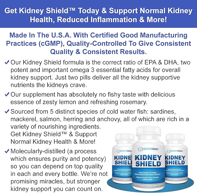 Kidney Shield Omega 3 Fish Oil Supplements - DHA EPA Omega 3 Supplement for Women & Men Kidney Health - Omega3 to Support Normal Kidney Function & Kidney Cleanse Detox & Repair - 120 Lemon Softgels