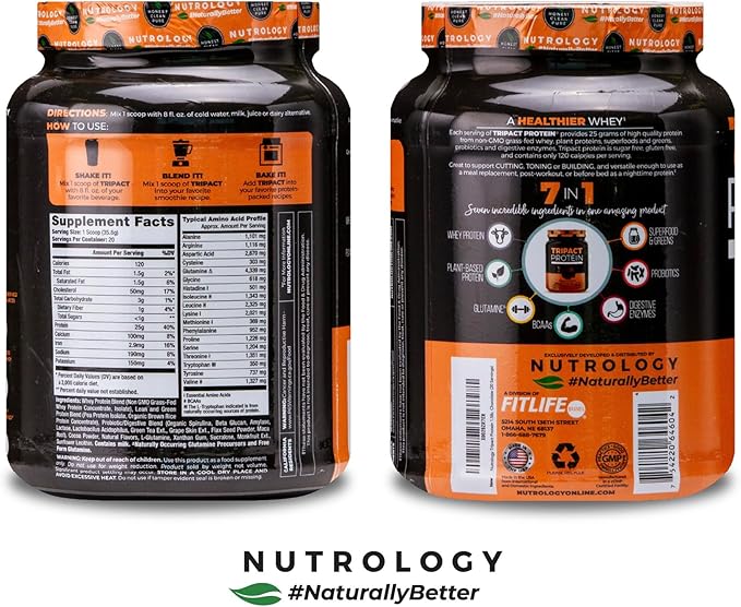 Nutrology TRIPACT Protein Powder, Creamy Chocolate Flavor, 7-in-1 Meal Replacement Shake with Grass Fed Whey Protein Powder, Pea Protein Powder, Greens, Probiotics & BCAAs, 20 Servings