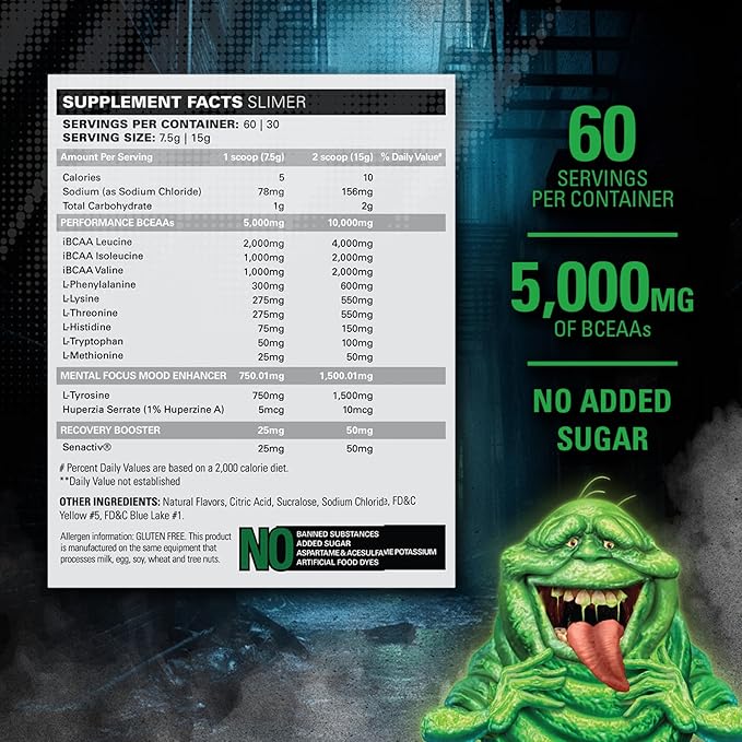 EHP Labs x Ghostbusters Beyond BCAA Powder Amino Acids Supplement for Muscle Recovery - Sugar Free BCAAs Amino Acids Post Workout Recovery Powder & EAA Amino Acids Powder - 60 Servings (Slimer Lime)