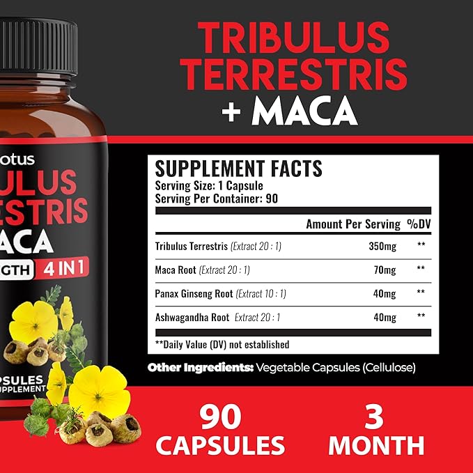 Zolotus Premium Tribulus Terrestris Capsules - Combined with Ashwagandha, Panax Ginseng & Maca - Boost Energy, Mood, Stamina & Immune - 90 Counts for 3 Months