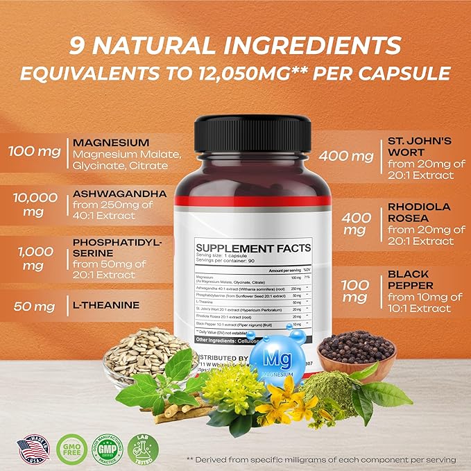 CORTISOL SHIELD 9 in 1-15,250mg Magnesium + Ashwagandha with Phosphatidylserine, L-Theanine, St. John's Wort, Rhodiola Rosea - Relaxation Support, Hormone Balance- USA made (90 count (pack of 1))