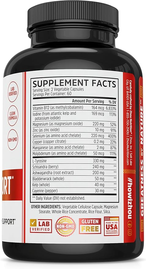 Zhou Thyroid Support Complex with Iodine Supplement, Increase Energy, Fight Brain Fog with Vitamin B12, Iodine, Magnesium, Zinc, Selenium, No Soy, Gluten-Free, 60 Servings, 120 Caps