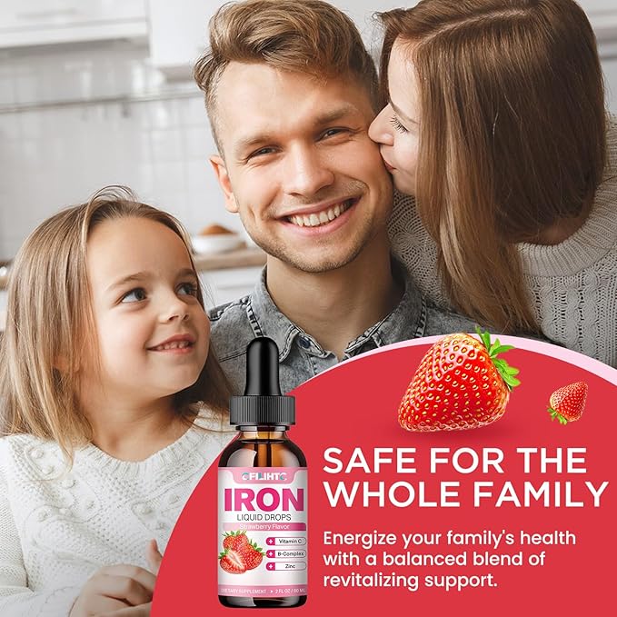 Liquid Iron Supplement for Women Men & Kids Multivitamin Iron Drops with Folate, Vitamin C, B6, B12, Zinc for Anemia, Iron Deficiency, Blood Builder, Energy - Natural Strawberry Flavor, Vegan 2 Fl Oz
