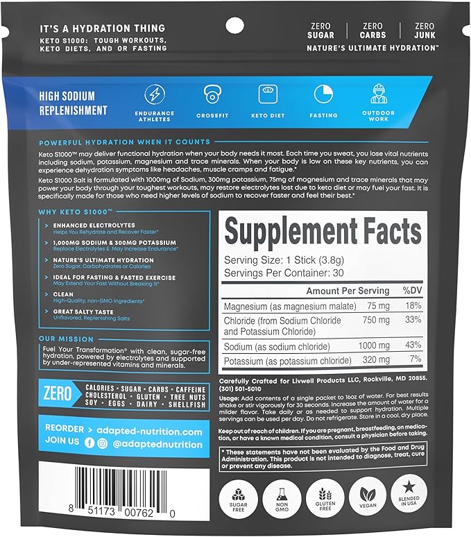 Keto S1000 Electrolyte Powder Packets | Keto and Paleo Friendly | No Sugar, No Calories, No Maltodextrin | Clean | 30 Unflavored Salt Hydration Stick Packs