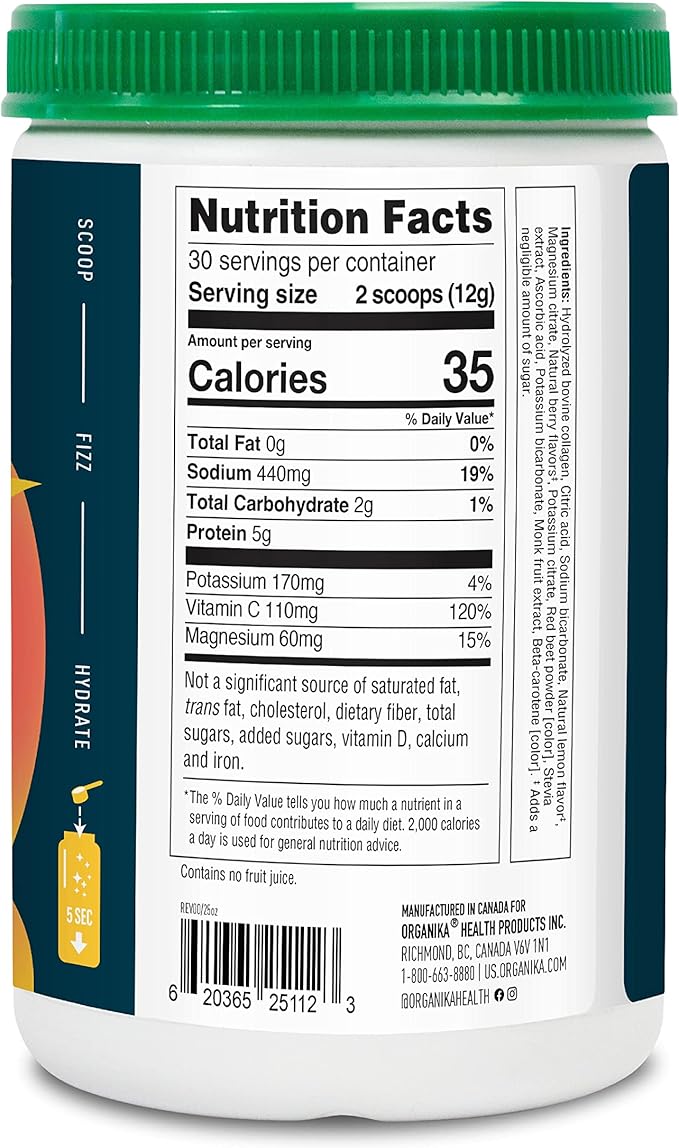 Organika Electrolytes + Enhanced Collagen- Zesty Lemon Berry Flavour- Sugar-Free Hydration + Protein 360 gram - 30 Servings