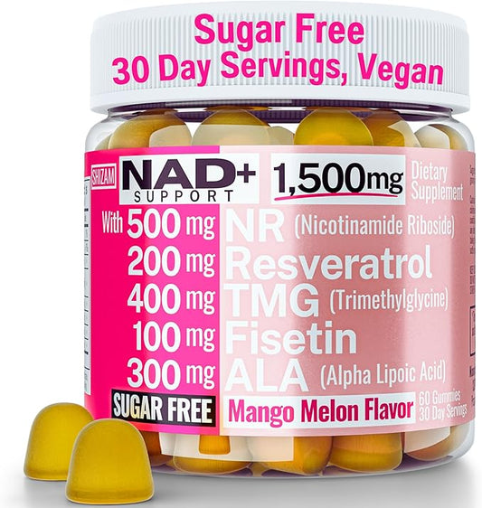 1500mg NAD+ Sugar Free Gummies | NAD + Plus NR TMG ALA Trans-Resveratrol Fisetin Supplements | Nicotinamide Riboside Trimethylglycine Alpha Lipoic Acid Betaine Pills Capsules Tincture Supplement Alt