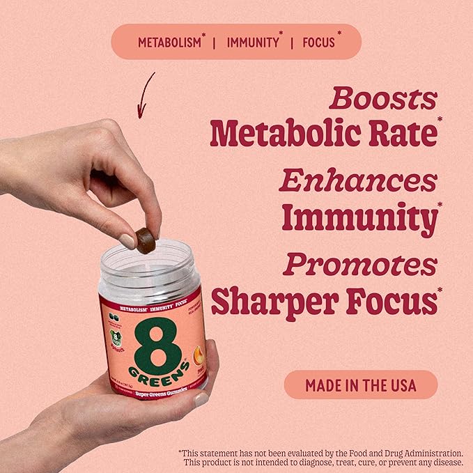 8Greens Supergreens Gummies | Super Greens Powder Superfood Gummy for Metabolism, Immunity & Focus, Digestive Health Enzymes, Organic: Chlorella, Spirulina, Aloe Vera, Peach Flavor, 50 Count