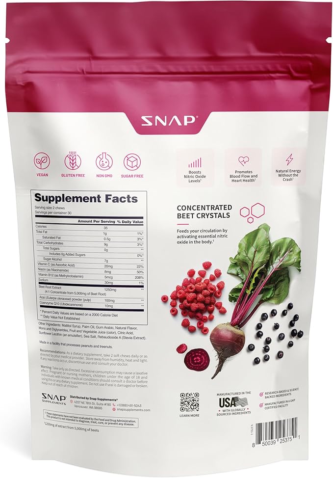 Snap Supplements Nitric Oxide Beet Chews, Nitric Oxide Booster, Natural Energy, Organic Beetroot Powder and COQ10, Support Healthy Blood Flow and Blood Circulation, Sugar-Free, 60 Soft Chews