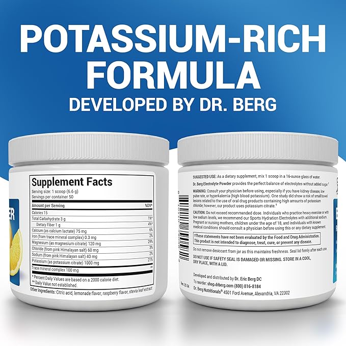 Dr. Berg Zero Sugar Hydration Keto Electrolyte Powder - Enhanced w/ 1000 mg of Potassium & Real Pink Himalayan Salt (NOT Table Salt) - Raspberry & Lemon Flavor Hydration Drink Supplement - 50 Servings