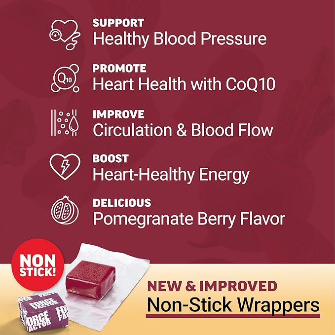 FORCE FACTOR Total Beets Ultimate Heart Health Blood Pressure Support Chews with CoQ10, Beet Root Powder, Grape Seed Extract, Blood Pressure Supplement for Circulation & Blood Flow, 60 Soft Chews