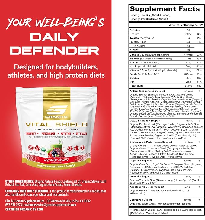 Granite Supplements Vital Shield - (30 Servings) Greens Superfood Powder - Fruit & Vegetable Super Foods Powder for Performance, Gut Health, Immunity & Nutrition, Very Berry Greens