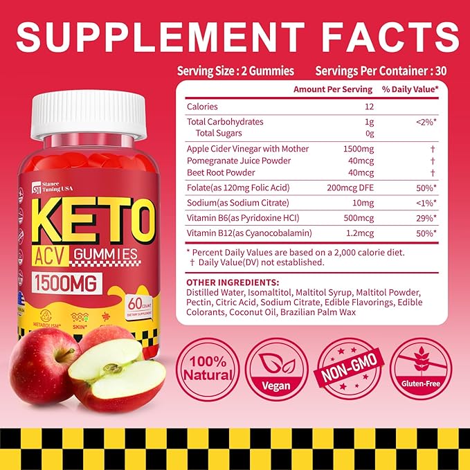 Keto ACV Gummies - 1500MG ACV Keto Gummies for Women Men - Apple Cider Vinegar with Mother for Gut - Vegan & Non-GMO Keto Gummies, Made in USA, 2 Pack