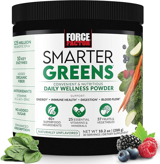 Force Factor Smarter Greens Daily Wellness Powder, Greens Superfood Powder to Support Gut Health, Bloating, & Digestion, with 40+ Superfoods, 125 Million CFUs of Probiotics, Unflavored, 30 Servings
