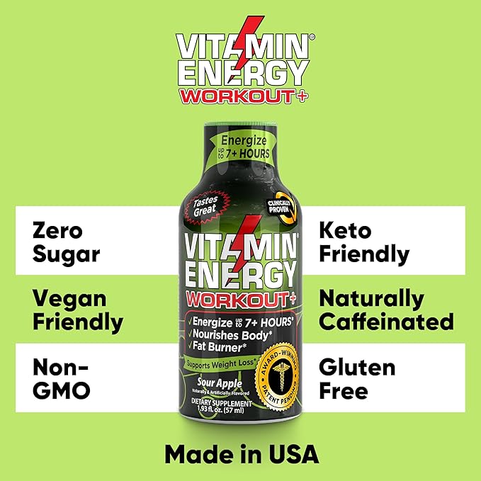 Vitamin Energy Pre Workout Drink - Keto Friendly Sugar Free Shots | Natural Clean Green Tea Caffeine with Proprietary Endurance Blend | Energize up to 7+ Hours - Sour Apple - 1.93 Fl Oz (Pack of 48)