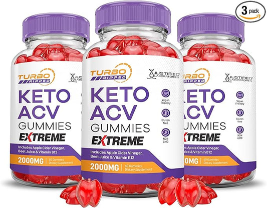 (3 Pack) Turbo Ripped Keto ACV Gummies Extreme 2000MG Turbo Ripped Keto Gummies Apple Cider Vinegar Formulated with Pomegranate Beet Juice Powder B12 Vegan Non GMO 180 Gummys