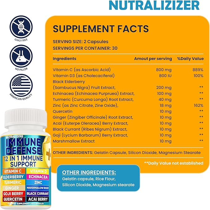 12 in 1 Premium Immune Defense Vitamins - Immune Supplement w/ Vitamin D3 5000 IU Vitamin С 1000mg Zinс 50mg - Luxe Choice for Premium Immune Support - With Echinacea Elderberry and Ginger - 120 Caps