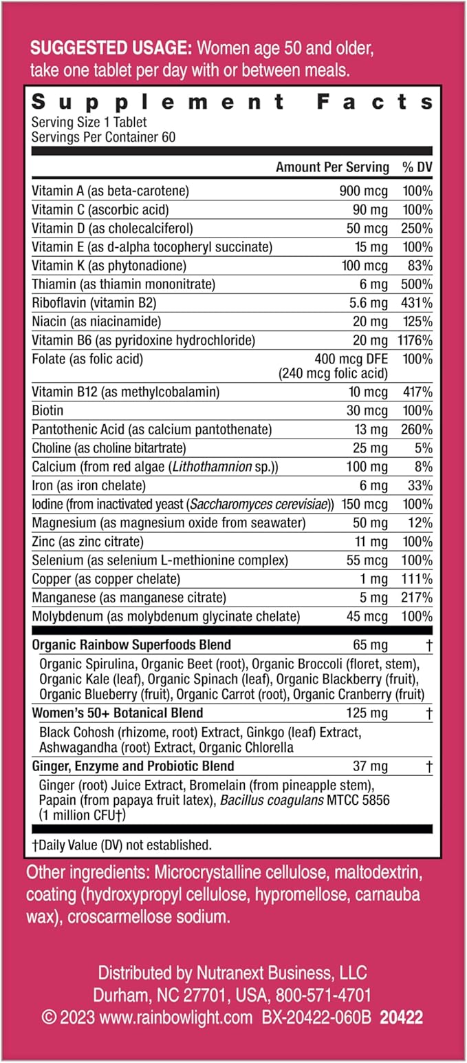 Rainbow Light Multivitamin for Women 50+, Vitamin C, D & Zinc, Probiotics, Women’s One 50+ Multivitamin Provides High Potency Immune Support, Non-GMO, Vegetarian, 60 Tablets