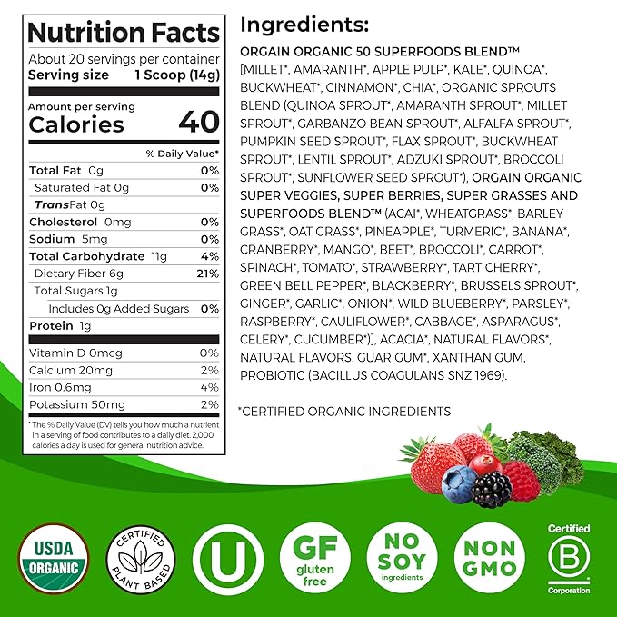 Orgain Organic Greens Powder + 50 Superfoods, Berry - 1 Billion Probiotics for Digestive Health, Antioxidants, Vegan, Plant-Based, Gluten-Free, Non-GMO, Green Juice & Smoothie Drink Mix - 0.62lb