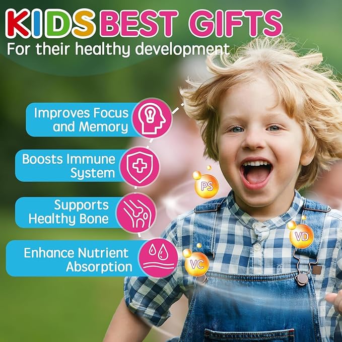 Phosphatidylserine Supplement 100mg, Focus Gummies for Kids Teens + Vitamin C & D3 400IU, Sugar Free Kids Brain Gummies Increase Attention & Concentration, Chewable, Vegan, Gluten Free, Non-GMO 60Cts