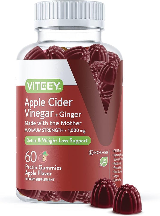 Apple Cider Vinegar Gummies 1,000mg Plus Ginger, ACV with The Mother, Detox Cleanse for Weight Loss and Immune Support, Vegan, Gluten Free, Gelatin Free, GMO Free - Chewable Apple Flavored Gummy