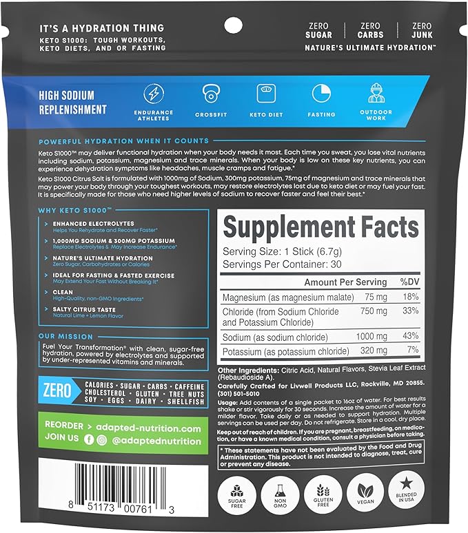 Keto S1000 Electrolyte Packets, Hydration Drink Mix | 30 Packets, Citrus Salt | Includes Essential Minerals, No Sugar, No Calories