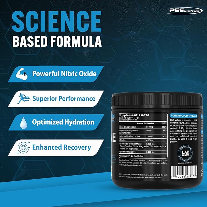PEScience High Volume Nitric Oxide Booster Pre Workout Powder with L Arginine Nitrate, Green Apple, 36 Scoops, Caffeine Free