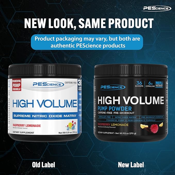 PEScience High Volume Nitric Oxide Booster Pre Workout Powder with L Arginine Nitrate, Raspberry Lemonade, 36 Scoops, Caffeine Free