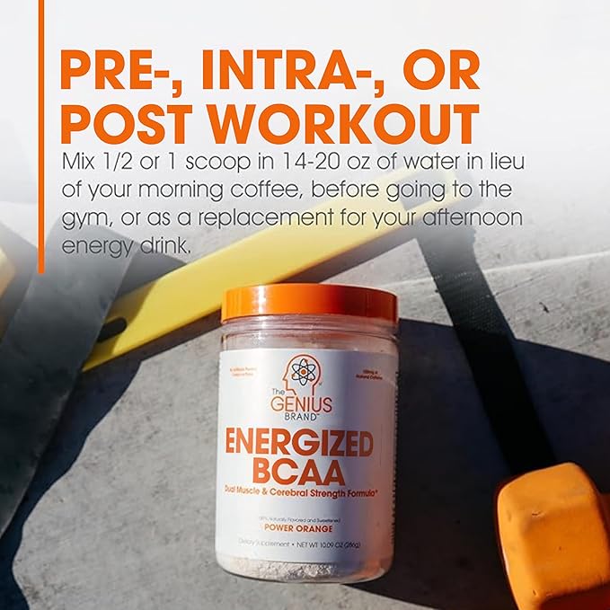 Genius BCAA Energy Powder, Orange - Nootropic Amino Acids & Muscle Recovery - Natural Vegan BCAAs Workout Supplement for Women & Men (Pre, Intra & Post Workout) - No Artificial Sweeteners