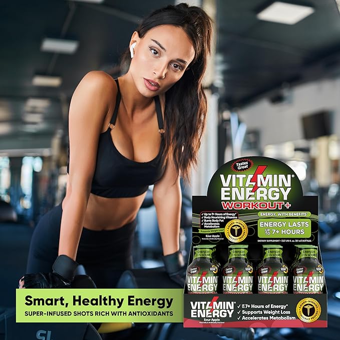 Vitamin Energy Pre Workout Drink - Keto Friendly Sugar Free Shots | Natural Clean Green Tea Caffeine with Proprietary Endurance Blend | Energize up to 7+ Hours - Sour Apple - 1.93 Fl Oz (Pack of 48)