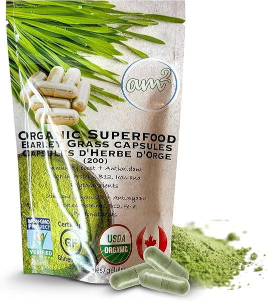 am2 Organic Barley Grass Capsules – Pure Barley Grass Juice Powder Capsules, Green Superfood Supplement – Rich in Fiber & Antioxidants – Support Immunity & Digestive Health – 200 Caps (200g)