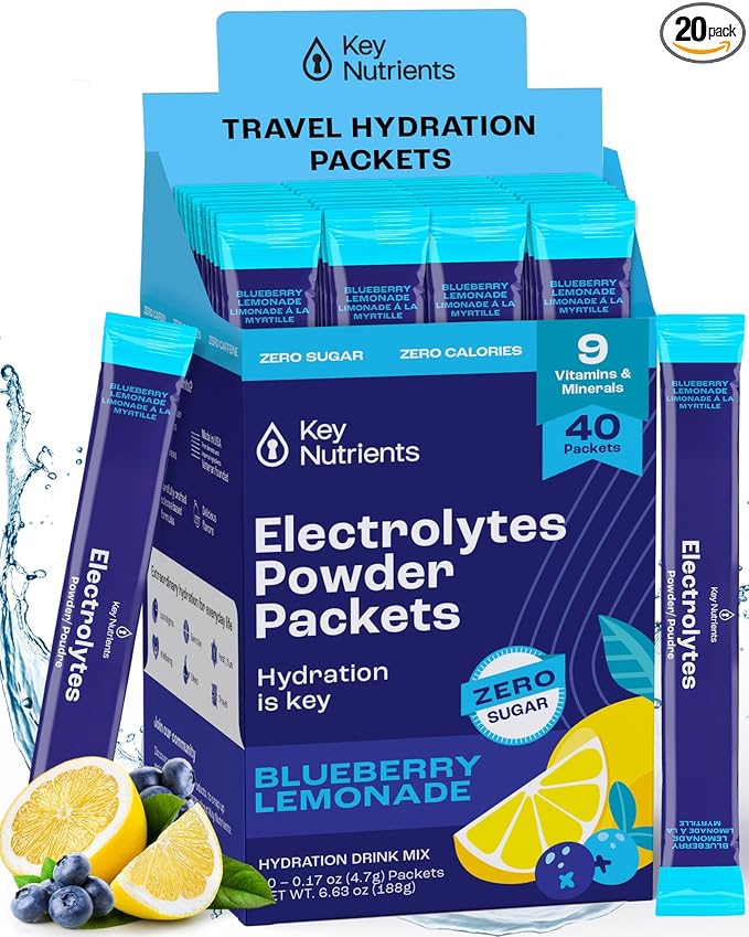 KEY NUTRIENTS Multivitamin Electrolytes Powder Packets - Delicious Blueberry Lemonade 40 Pack Hydration Packets - Travel Hydration Powder - No Sugar, No Calories, Gluten Free - Made in USA