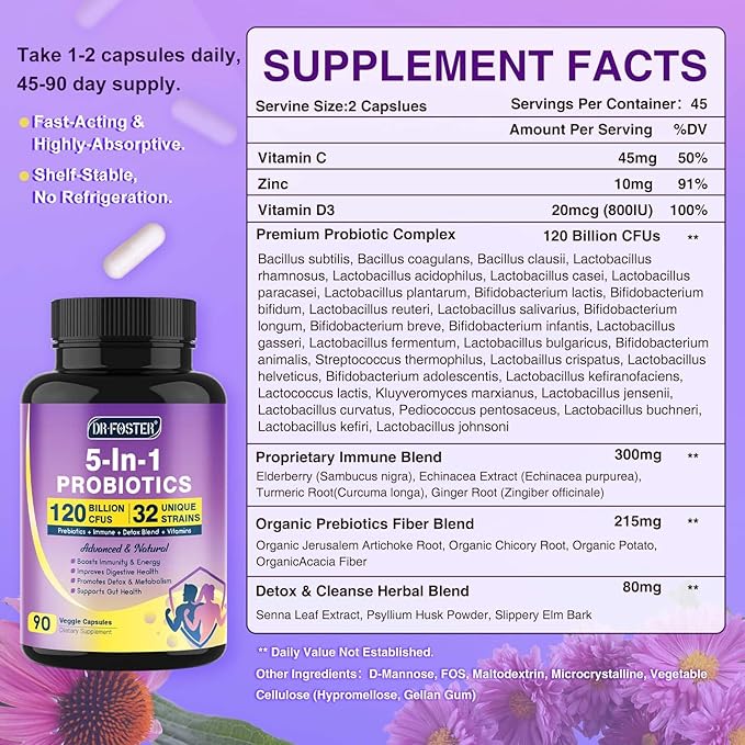 Probiotics for Women & Men Digestive Health，120 Billion CFUs, Prebiotics and Probiotics for Gut Health, D3, Zinc & Immune Support Herbs, Detox Cleanse, 45 Day - 3 Month Supply