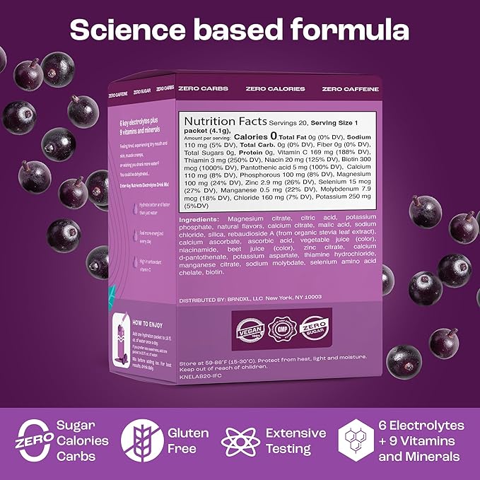 KEY NUTRIENTS Multivitamin Electrolytes Powder Packets - Delicious Acai Berry 20 Pack Hydration Packets - Travel Hydration Powder - No Sugar, No Calories, Gluten Free - Made in USA