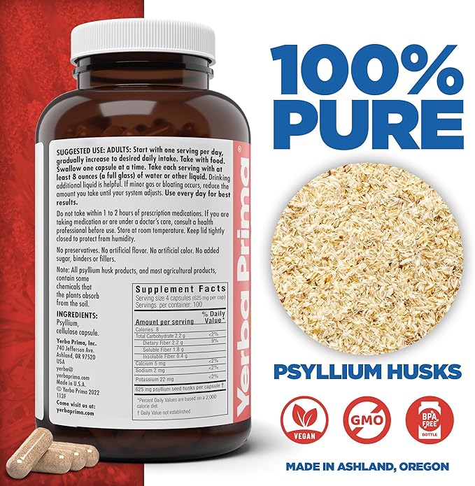 Yerba Prima Psyllium Husks Veg Caps, 400 Capsules (625mg) - Vegan, Non-GMO, Gluten Free, Colon Cleanser, Daily Fiber Supplement for Gut Health & Regularity