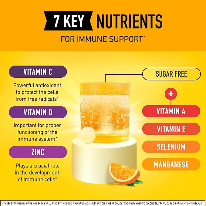 Airborne 1000mg Vitamin C with Zinc, SUGAR FREE Effervescent Tablets, Immune Support Supplement with Powerful Antioxidants Vitamins A C & E - 30 Fizzy Drink Tablets, Zesty Orange Flavor